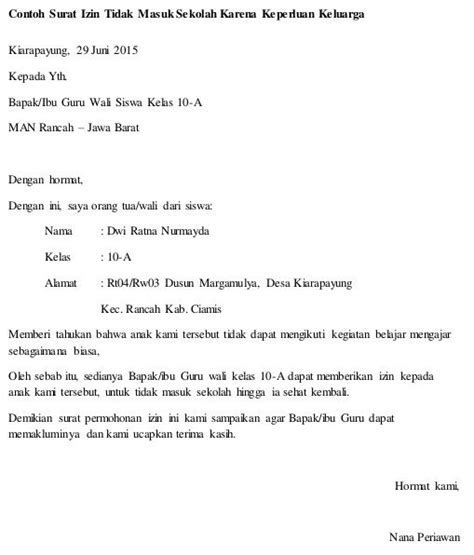 Ada yang harus disertai surat dokter, ada juga yang tidak (asal tidak lebih dari sehari), dan lain sebagainya. Contoh Surat Izin Sakit Tidak Masuk Sekolah Dalam Bahasa ...