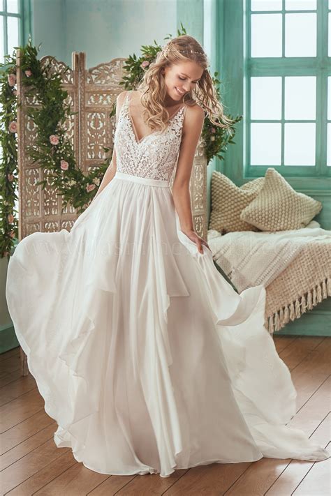 F201007 Illusion Bodice V Neck Lace Chiffon Wedding Dress