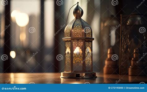 Ornamental Arabic Lantern With Burning Candles Glowing At Night Muslim