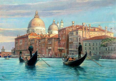 Two Gondolas In The Water With People On Them Near Buildings And Domed