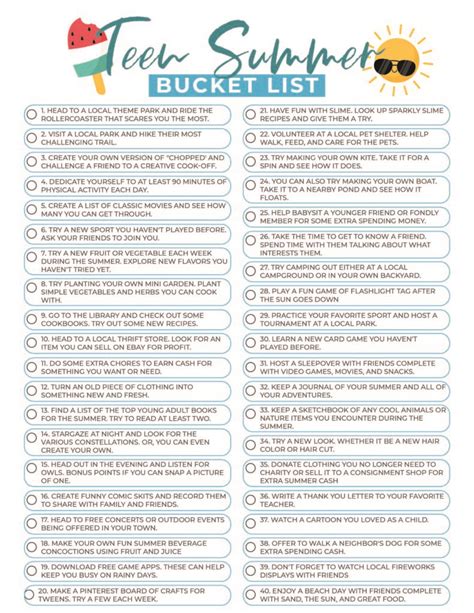 Summer Bucket List For Teens Summer Bucket List Printable