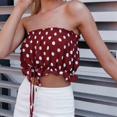Sexy Strapless Crop Top Dot Sleeveless Lace Up Bandeau Boob 2018 Summer