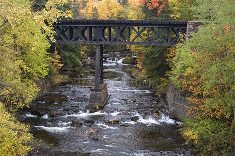 Fall Colors Waterfall Railroad Bridge Landscape Stock Photo Image
