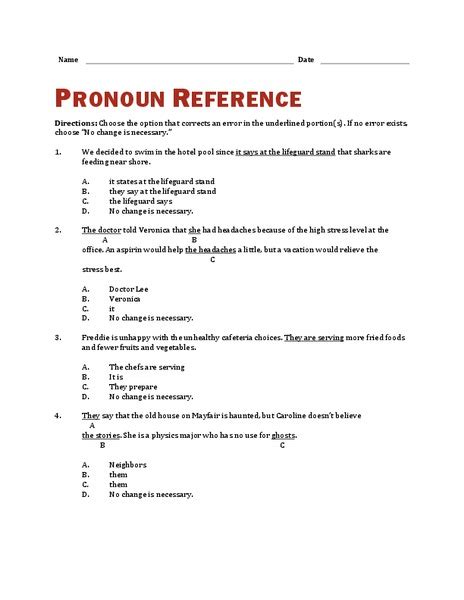 Pronoun Reference Worksheet For 4th 5th Grade Lesson Planet