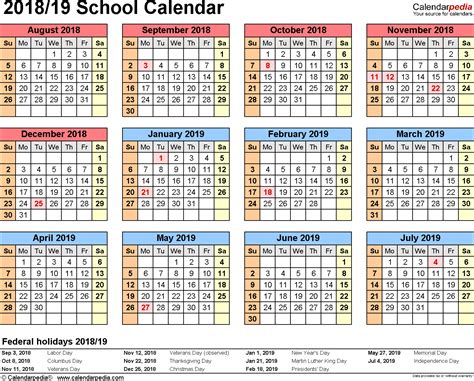 School Calendars 20182019 Free Printable Pdf Templates