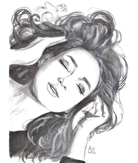 Ink Painting Of A Girl Laying Down Pulling Her Hair Back Sketch