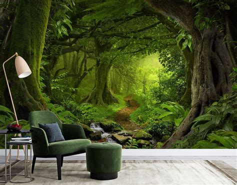 Realistic Forest Wallpaper Peel And Stick Jungle Wall Mural Etsy