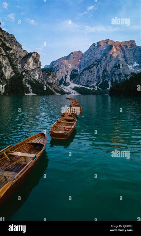 Beautiful Landscape Of Braies Lake Lago Di Braies Romantic Place With