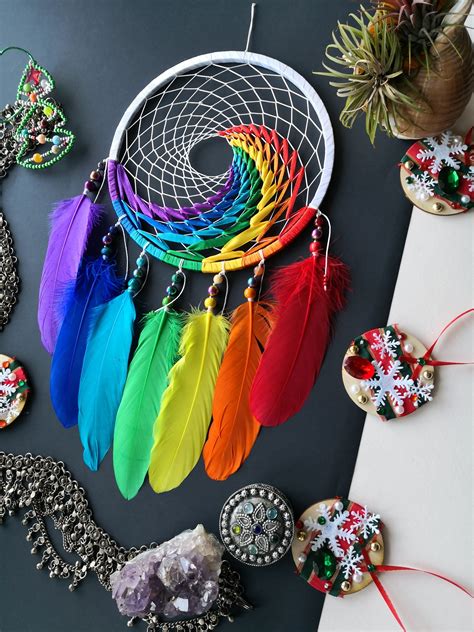 Rainbow Dream Catcher Colorful Handmade Traditional Feather Etsy In