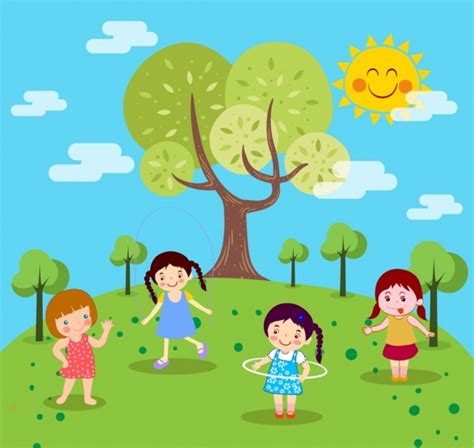 Playground Drawing Playful Girls Icons Colored Cartoon Design Vector