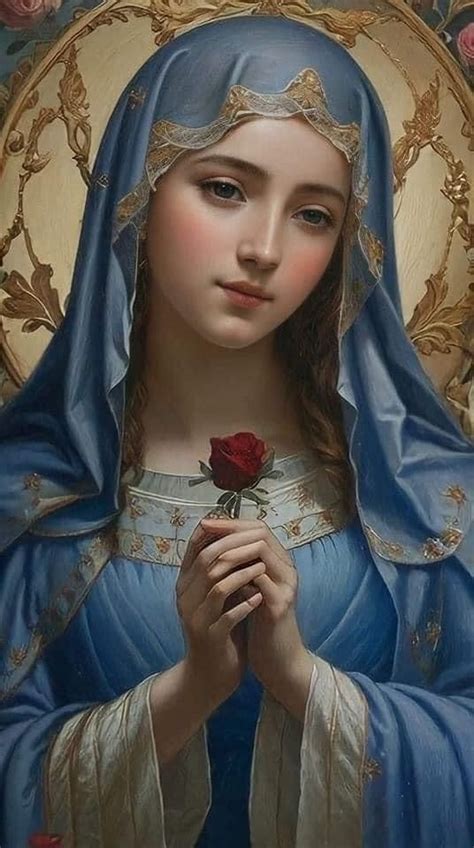 A Painting Of The Virgin Mary Holding A Rose In Her Hands And Wearing A