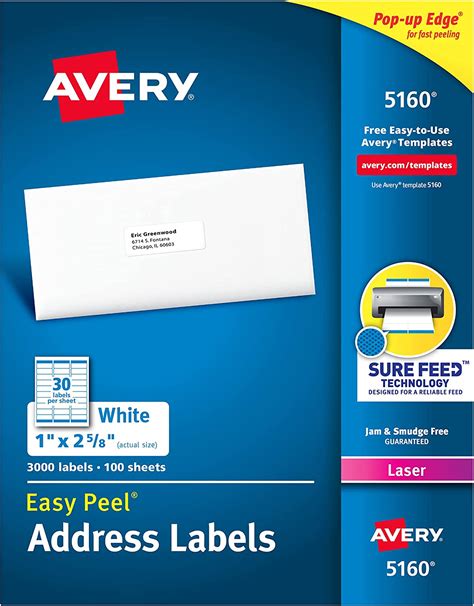 Avery 5160 Easy Peel Address Labels White 1 X 2 58 Inch 3000 Count