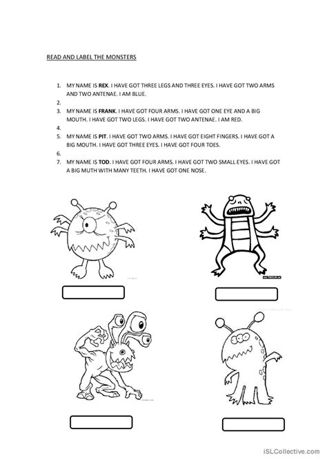 Reading Monsters Body Parts English Esl Worksheets Pdf And Doc