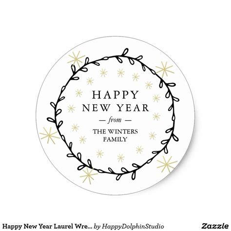 Happy New Year Laurel Wreath Gold Stars Name Classic Round Sticker