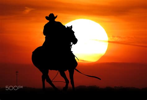 The Wrangler Cowboy Riding Horse At Sunset Silhouette Artist