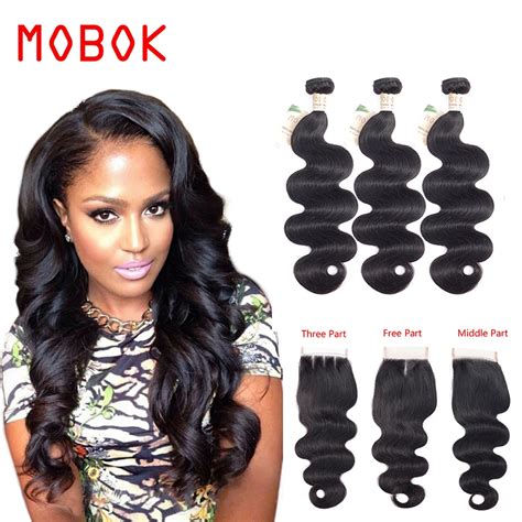 Mobok Brazilian Body Wave Bundles With Lace Closure Brazilian Human Hair Weave Natural