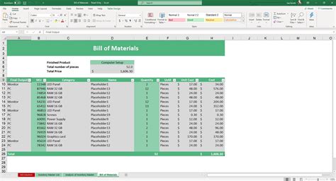 Build Of Materials Excel Template
