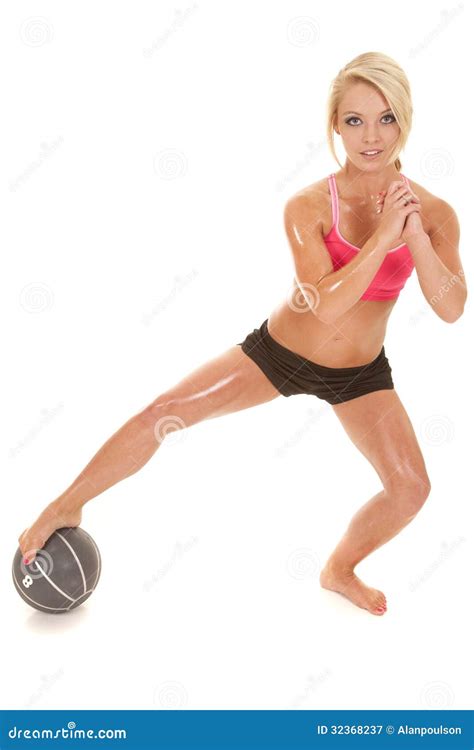 blond woman fitness medicine ball foot on stock image image of blond healthy 32368237