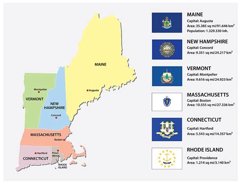 The Flags Of New England Pictured With A Political Map Of The Region