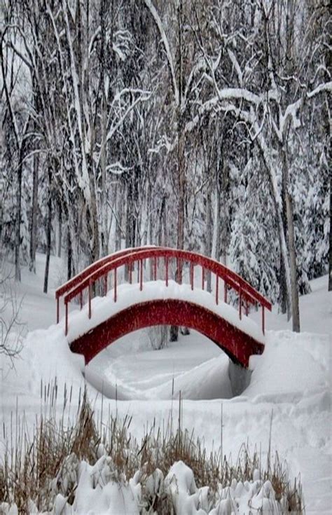 Red Painted Iron Bridge In Snow Winter Wonderland Pinterest Snow