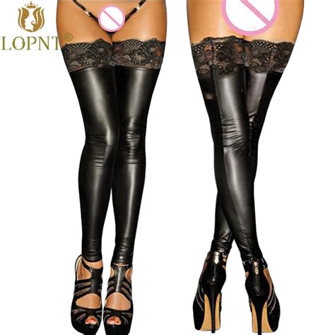 Lopnt New Arrival Sexy Lingerie Hot Thigh Highs Black Lace Patent Leather Tights Splice Sexy