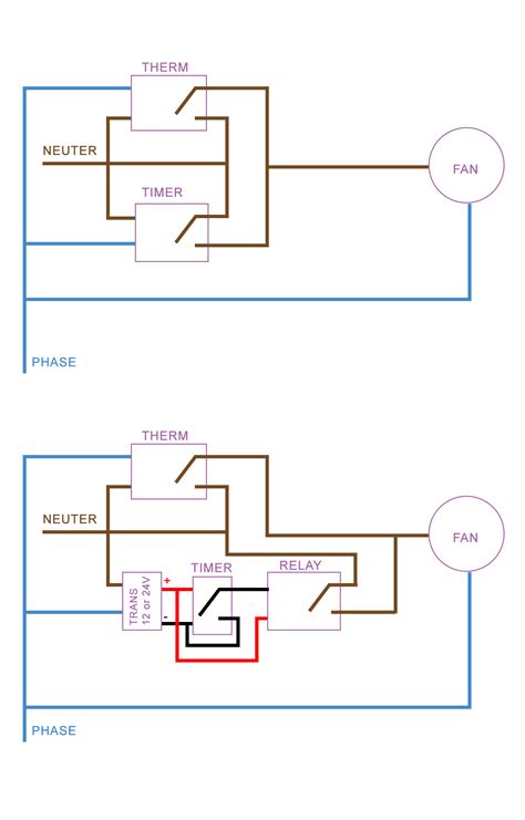 • all of the dashed wires shown in the wiring diagrams are either optional, or their usage depends upon your specific system type or brand. Wire in parallel thermostat and timer to an air extractor - Home Improvement Stack Exchange