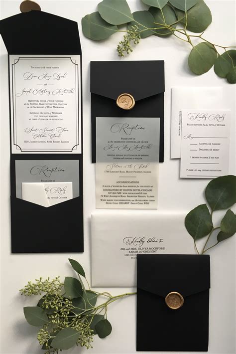 Black Pocket Fold Wedding Invitation With Gold Wax Seal Artofit