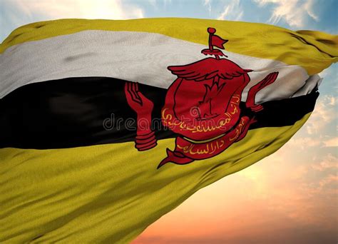 Closeup View Of The Waving Flag Of Brunei On A Background Of Sunset