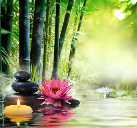 Zdj Cie Stock Massage In Nature Lily Stones Bamboo Zen Concept Adobe Stock