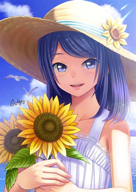 Girl Glance Smile Sunflowers Hat Anime Hd Phone Wallpaper Peakpx