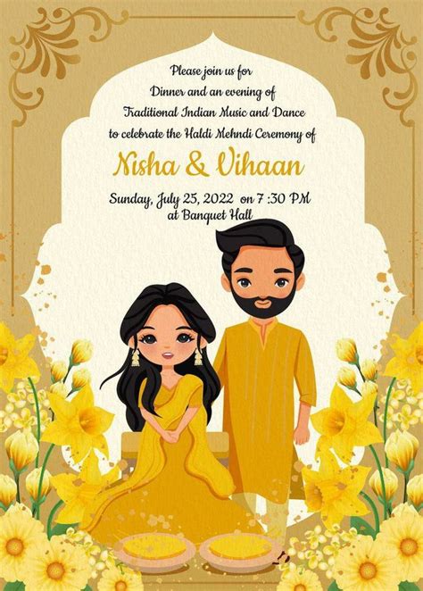 Mehandi Card Design Cartoon Wedding Invitations Caricature Wedding