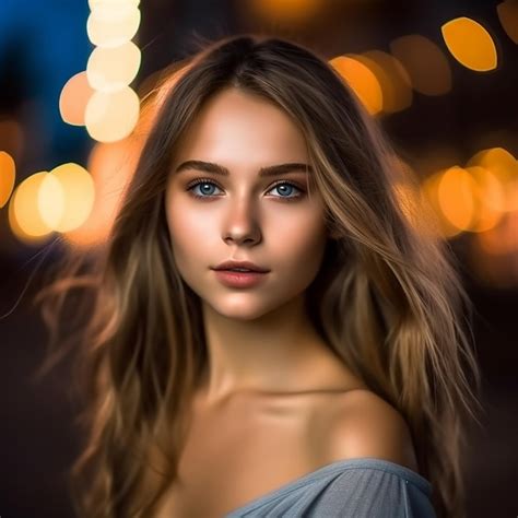 Premium Ai Image A Woman With Long Hair And Blue Eyes Stands In Front Of A Street Light