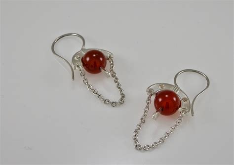 Sterling Art Deco Carnelian Drop Earrings Silver Dangle Chain