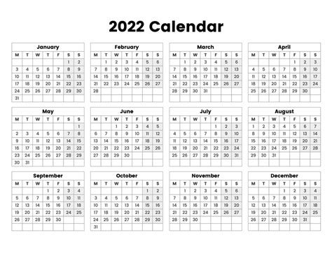 2022 Year Calendar With The Week Starting On Monday