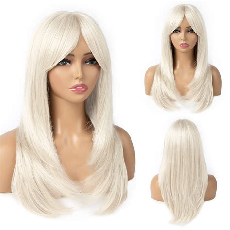 Tutive Platinum Blonde Wigs For Women Layered Wig With Bangs 22 Inch Shoulder