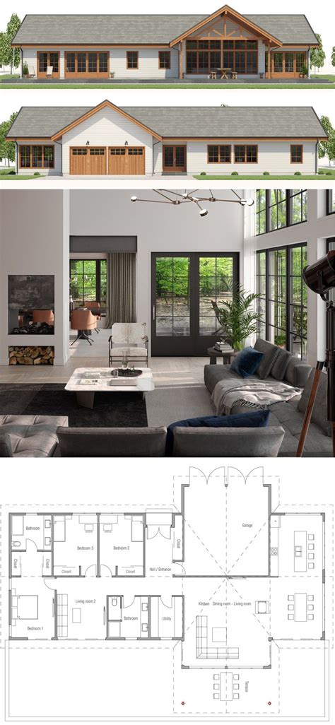 The Floor Plan For A Modern House With Lots Of Windows And Large Living
