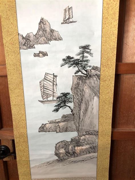 Japan Placid Boats And Mountains Vintage Hand Painted Scroll With Box For Sale At 1stdibs