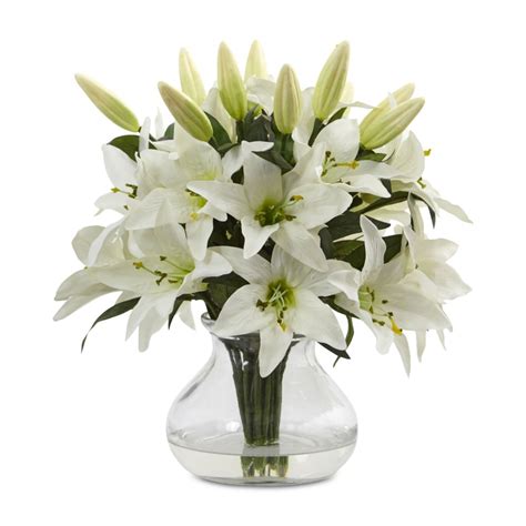 Nearly Natural 1434 Lily Silk Arrangement With Glass Vase