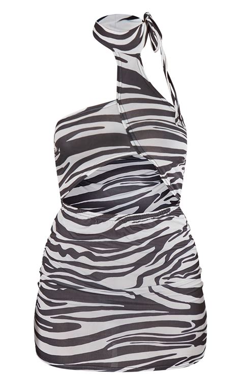 Monochrome Zebra Halterneck Cut Out Bodycon Dress Prettylittlething Qa