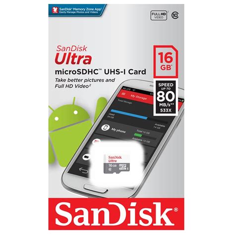 Transfer speeds of up to 100mb/s**. SanDisk Ultra 16GB Micro SD Card microSDHC UHS-I Full HD ...