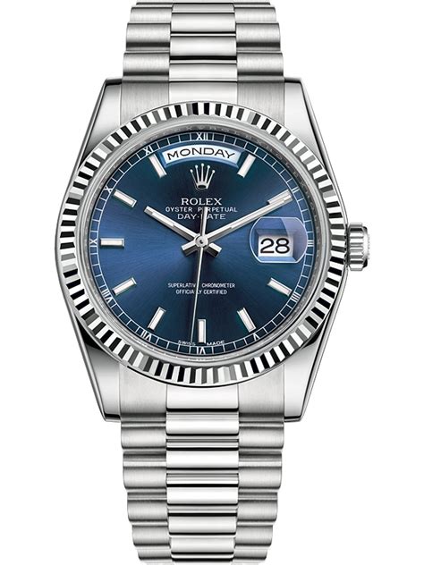 118239 0287 Rolex Day Date 36 White Gold Index Blue Dial Watch