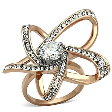 Precious Stone Women Two Tone Ip Rose Gold Stainless Steel Ring With Aaa Grade Cz In Clear Size 10