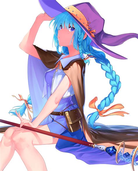 Blue Hair Long Hair Anime Anime Girls Hat Simple Background