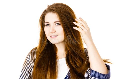Young Woman Touching Her Long Brown Hair Stock Image Image Of Brown