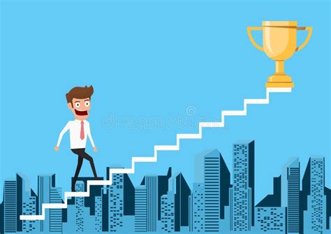 Businessman Walking On Stair Step To Trophy And Success Staircase To