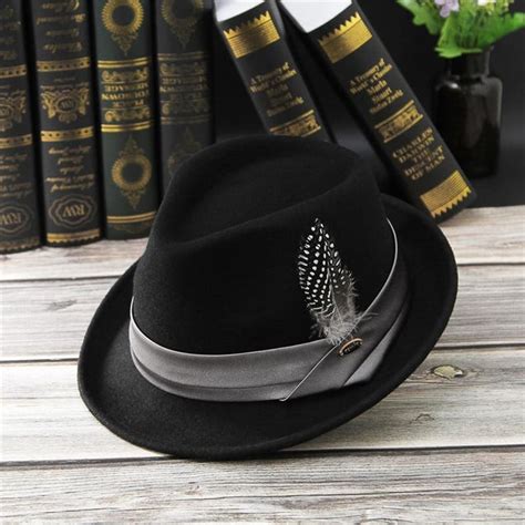 Black Wool Fedora Trilby Hat With White Spotted Black Feather In Hatba