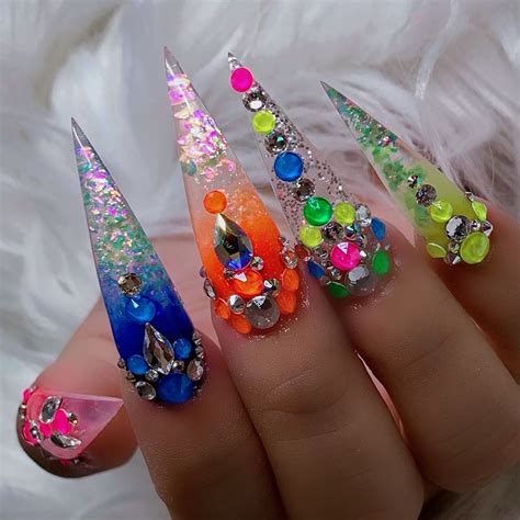 Rainbow Neon Clear Stiletto Nails With Swarovski Crystals Swarovski