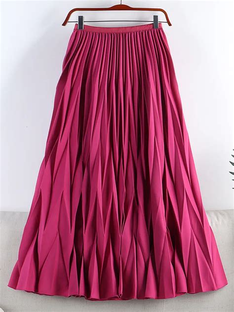 Tigena Fashion Rhombus Pleated Long Skirt Women New Casual Solid