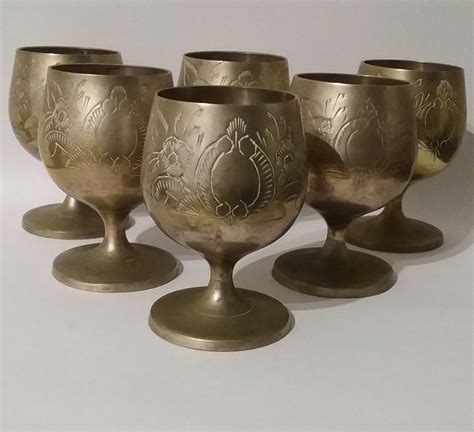 Six Small Brass Goblets Brass Shot Size Goblets Vintage Etsy