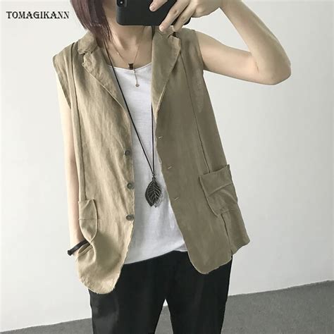 2017 New Summer Linen Solid Women Vest Coat Feminie Casual Single Breasted Pockets Loose Colete